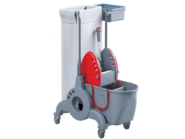 Wózek serwisowy do sprzątania, MERIDA OPERA, jednowiadrowy,  wiadro dwukomorowe 15 l + 10 l, kuweta z uchwytem w kolorze niebieskim, czerwona prasa, uchwyt na worek 90 l, worek z tworzywa sztucznego